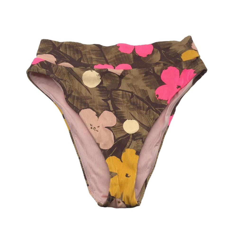 Aerie Womens High Cut Cheeky Swim Bottoms Floral Print Ribbed Brown Pink XL